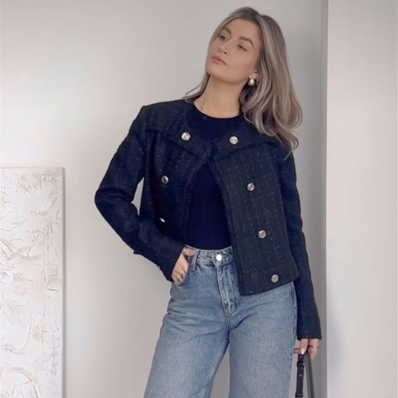 NEW! House of Harlow 1960 Tweed Jacket/Raw Hem/ Snap Front/Front Pockets/Black - Picture 16 of 16